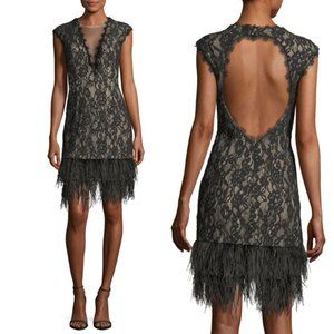 Aidan by Aidan Mattox V-Neck Cap-Sleeve Lace Cocktail Dress w/ Feather Hem